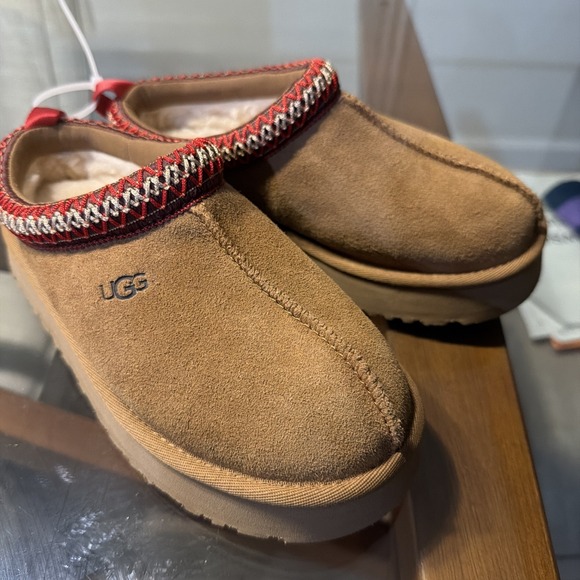 UGG Other - UGG Kids Brown Suede Sheepskin Lined Slippers Mules Red Trim Size Toddler